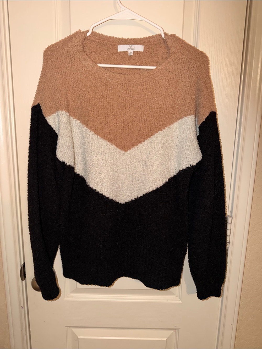 Colorblock Chevron Crewneck Sweater - Tan, Cream & Black
